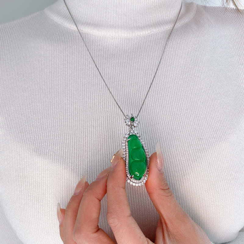 Buddha Stones Fortune Bean Cyan Jade Luck Necklace Pendant Necklaces & Pendants BS 3