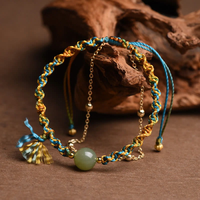 Buddha Stones Handmade Colorful Rope Luck Jade Bead Abundance Double Layer Bracelet Bracelet BS 3