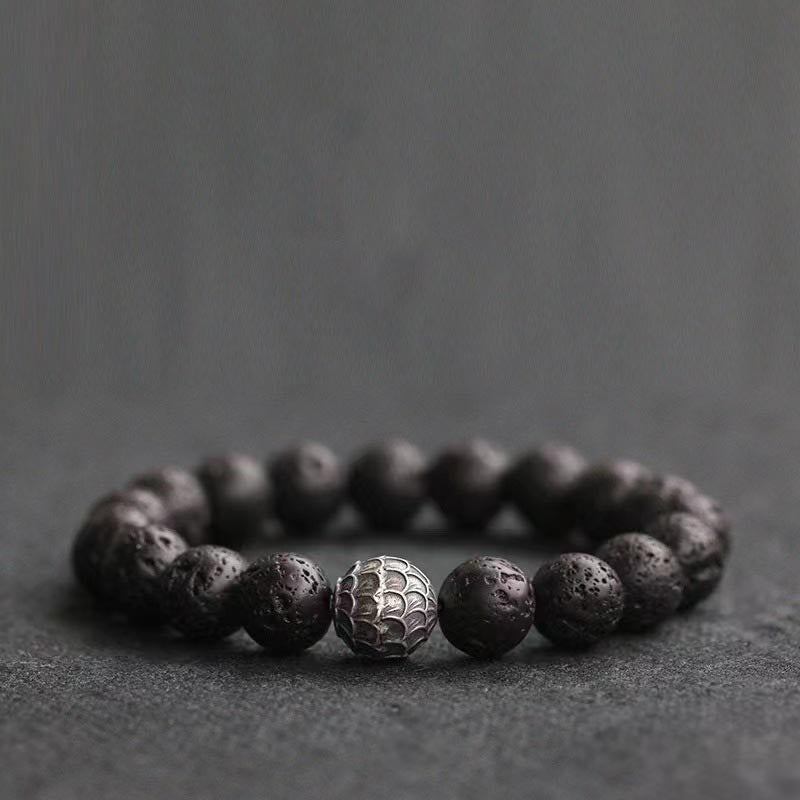 Buddha Stones Lava Rock Fish Scales Bead Healing Bracelet Bracelet BS 12mm(Wrist Circumference 14-16cm)