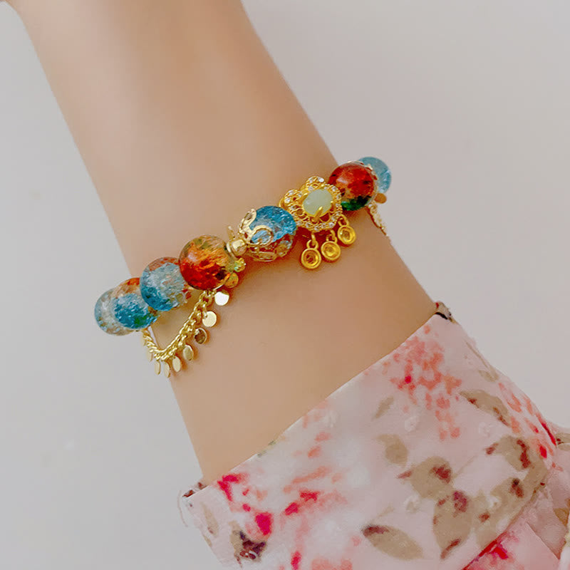 Buddha Stones Colorful Liuli Glass Bead Chinese Lock Charm Fortune Bracelet Bracelet BS 5