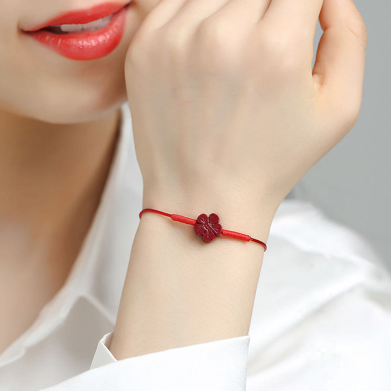 Buddha Stones Handmade Plum Blossom Four Leaf Clover PiXiu Lotus Koi Fish Cinnabar Blessing Braid Bracelet Bracelet BS 4