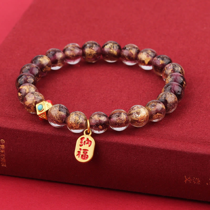 Buddha Stones Tibetan Incense Ash Liuli Glass Bead Lucky Fortune Fu Character Charm Bracelet Bracelet BS Purple Liuli Glass Bead(Wrist Circumference 14-15cm)