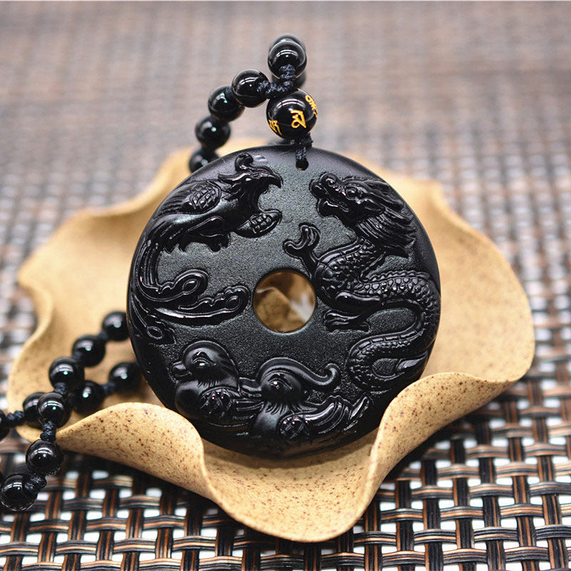 Buddha Stones Black Obsidian Dragon Phoenix Mandarin Duck Luck Protection Necklace Pendant Necklaces & Pendants BS 4