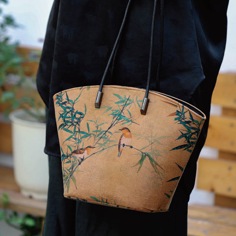 Buddha Stones Vintage Bamboo Magpie Peony Butterfly Large Capacity Shoulder Bag Handbag Shoulder Bag BS 2