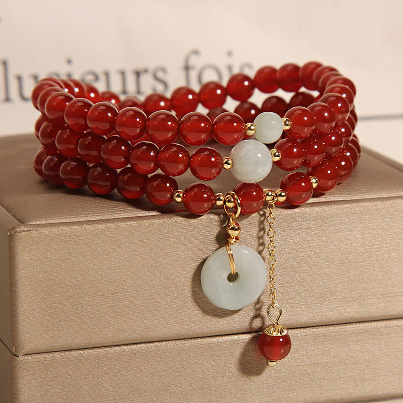 Buddha Stones Natural Red Agate Jade Peace Buckle Calm Triple Wrap Bracelet Bracelet BS 2