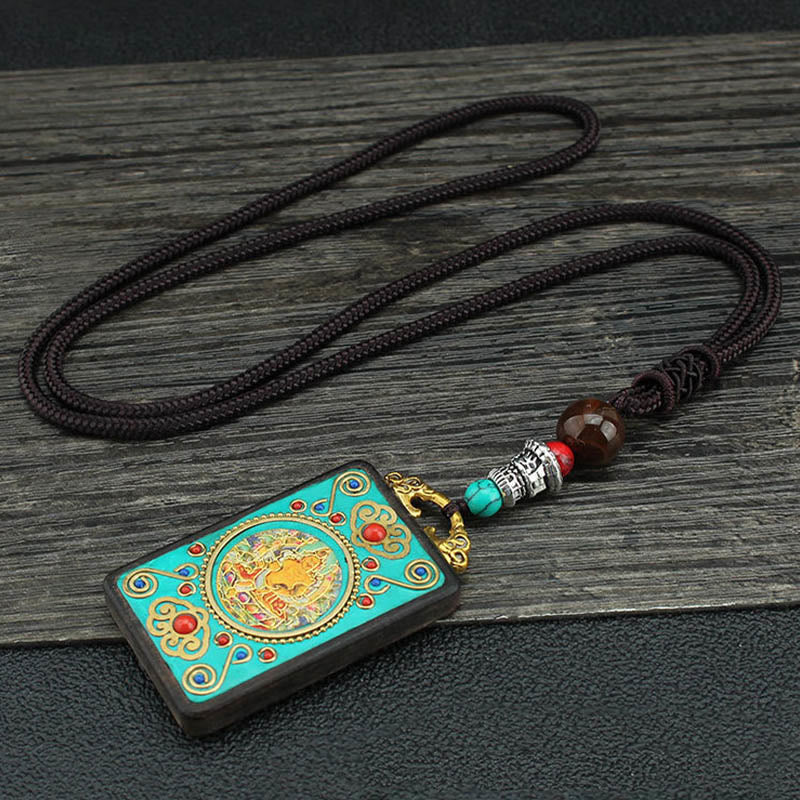 Buddha Stones Tibet God Of Wealth Money Tree Golden Phoenix Thangka Ebony Peace Necklace Pendant Necklaces & Pendants BS God Of Wealth