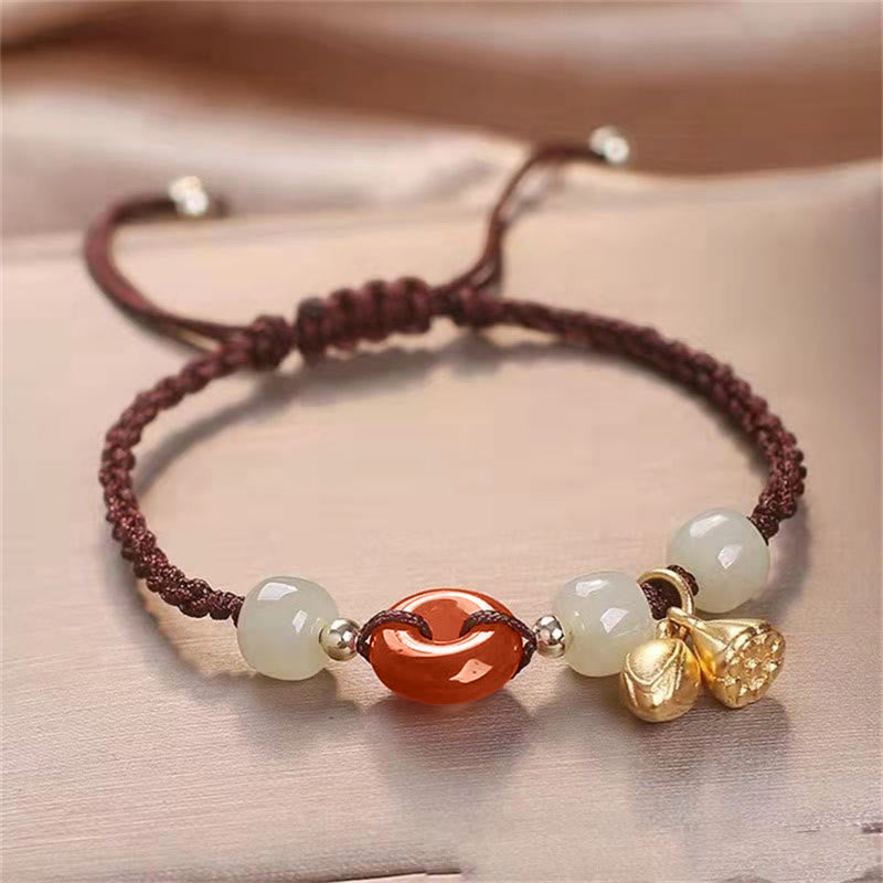 Buddha Stones Red Agate Peace Buckle Jade Lotus Healing Braided Bracelet Bracelet BS Brown(Wrist Circumference 14-18cm)