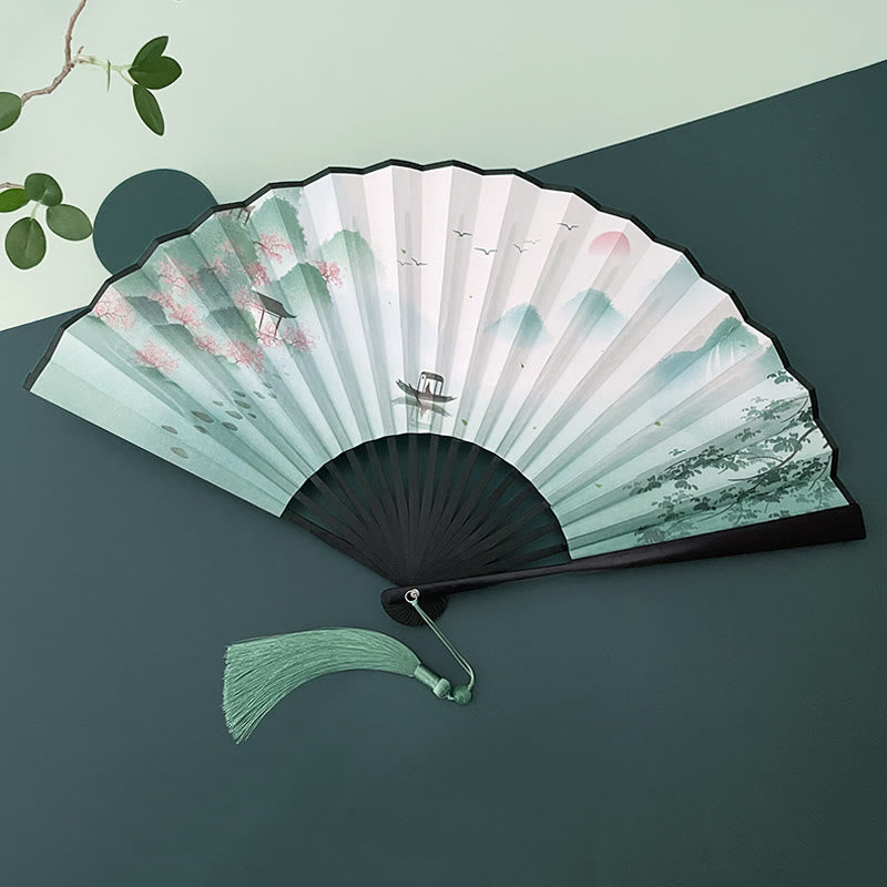 Buddha Stones Retro Lotus Flower Leaf Mountain Lake Handheld Folding Fan With Bamboo Frames Folding Fan BS Boat Lake Landscape Black Bamboo Frames