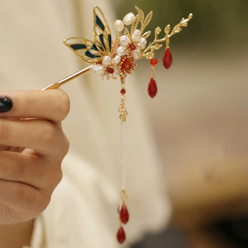 Foviel - Épingle à cheveux couronne de style chinois classique avec branche de fleur, papillon et pampille de perles