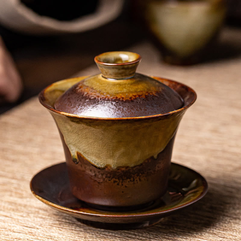 Buddha Stones Vintage Brown Kiln Change Design Porcelain Ceramic Gaiwan Sancai Teacup Kung Fu Tea Cup And Saucer With Lid Cup BS 2