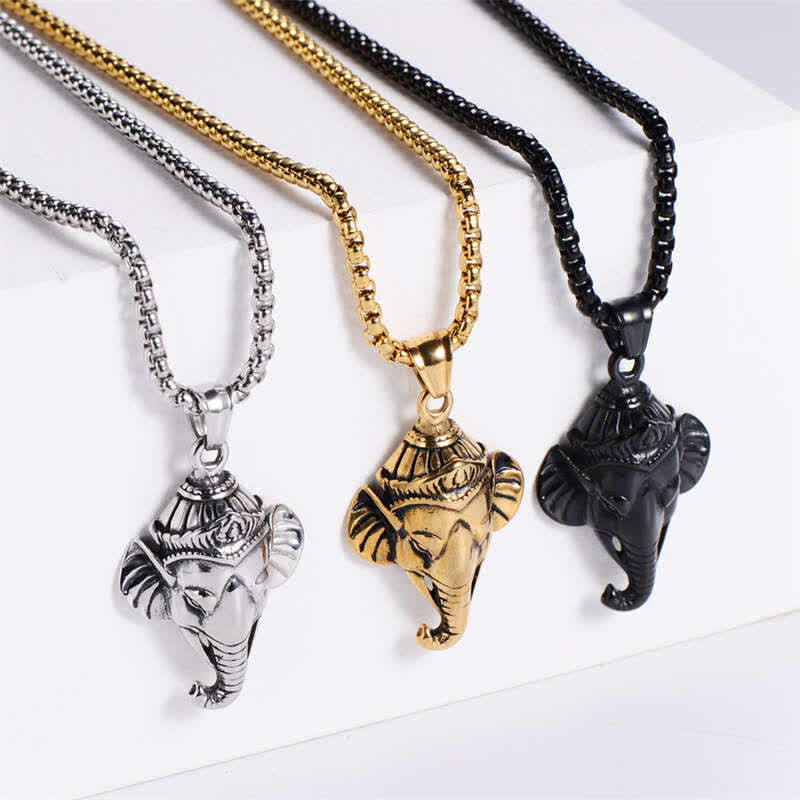 Buddha Stones Ganesh Ganpati Elephant Titanium Steel Protection Pendant Necklace Necklaces & Pendants BS 3