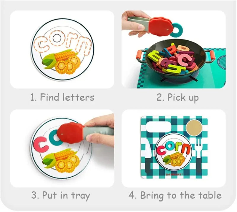 Fidtoy Wooden Alphabet Spelling Pretend Cooking Toy for Kids Preschool Learning Letter Matching Game