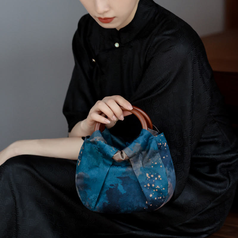 Buddha Stones Handmade Jacquard Flower Blue Wooden Handle Handbag Handbags BS 10