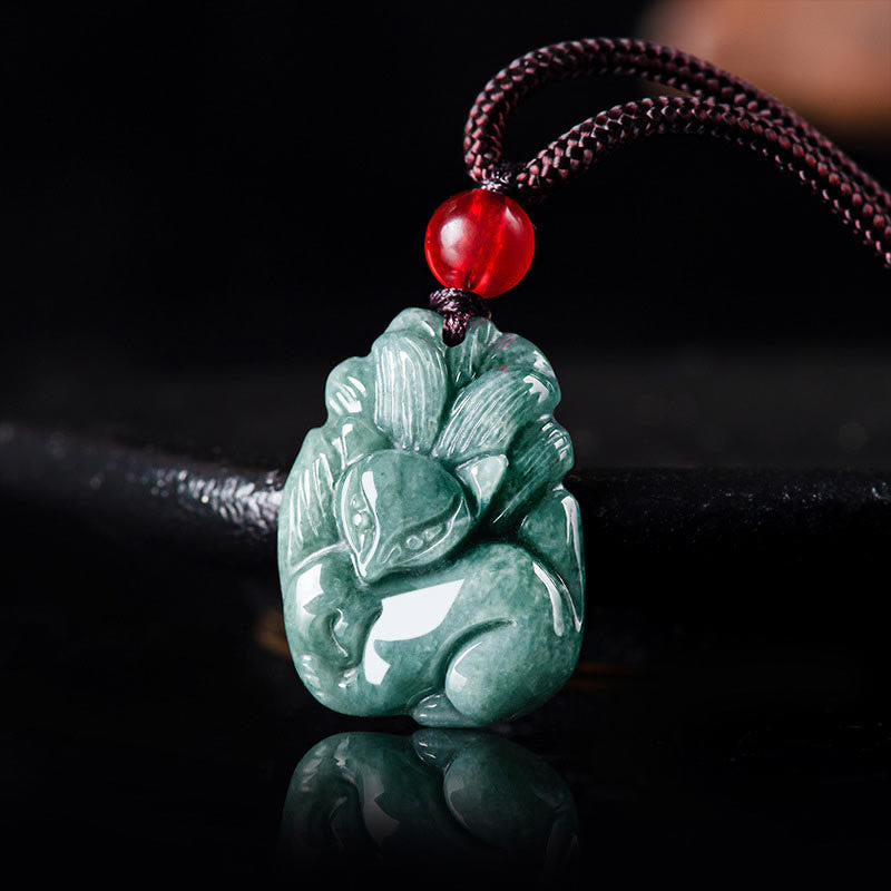 Buddha Stones Natural Green Jade Nine-Tailed Fox Engraved Prosperity Necklace Pendant Necklaces & Pendants BS Jade