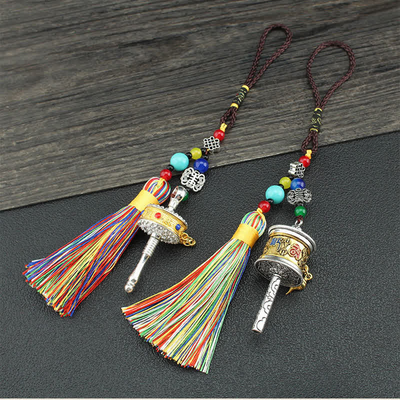 Buddha Stones Tibet Om Mani Padme Hum Prayer Wheel Tassel Bag Car Hanging Decoration Car Hanging Decoration BS main