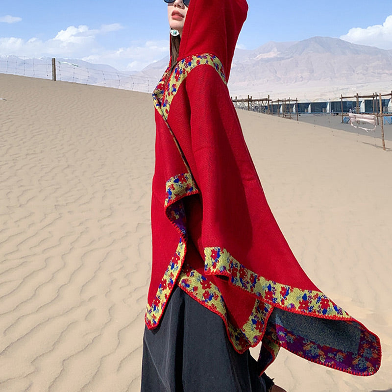 Buddha Stones Tibetan Shawl Border Small Floral Flower Hooded Cloak Winter Cozy Travel Scarf Wrap Tibetan Shawl BS Red 150*130cm