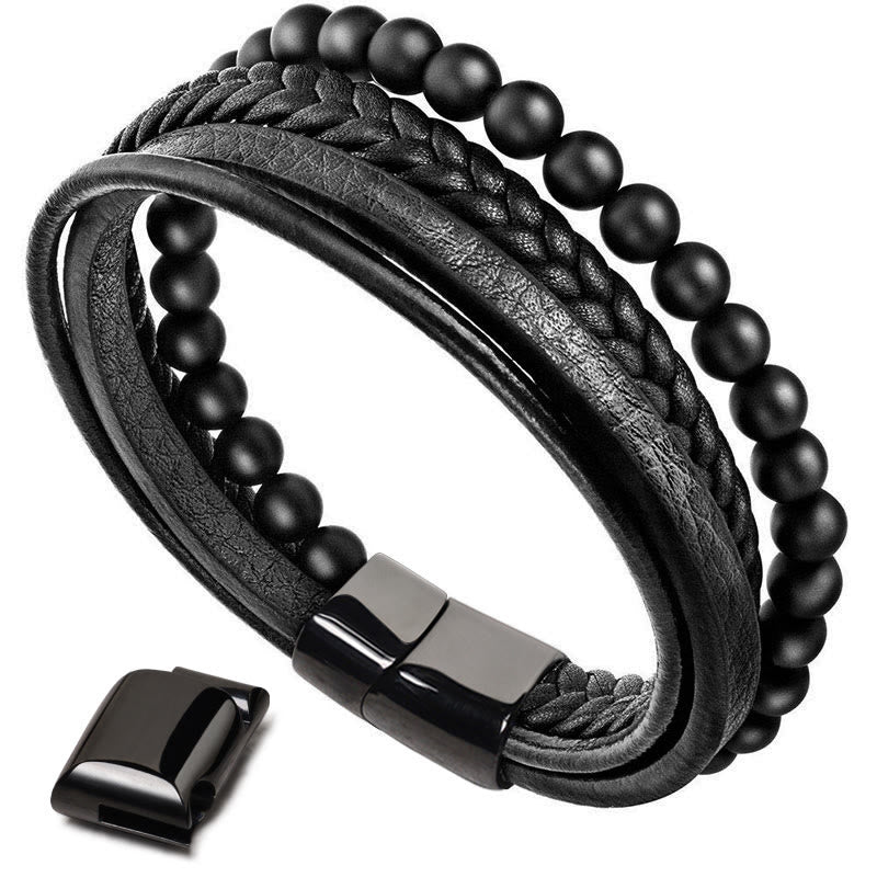 Buddha Stones Natural Lava Rock Black Onyx Bead Leather Bracelet Bracelet BS 9