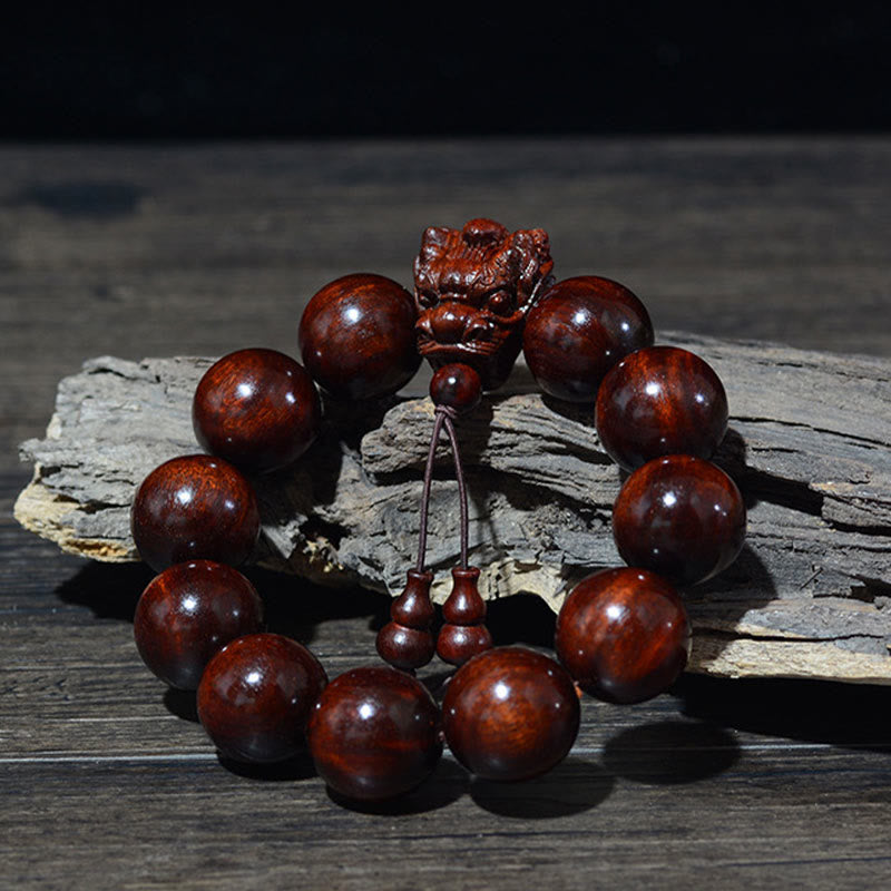 Foviel Rosewood Green Sandalwood Small Leaf Red Sandalwood Dragon Carved Protection Bracelet