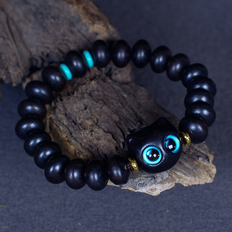 Buddha Stones Ebony Wood Liuli Glass Lovely Cat Peace Balance Bracelet Bracelet BS 3