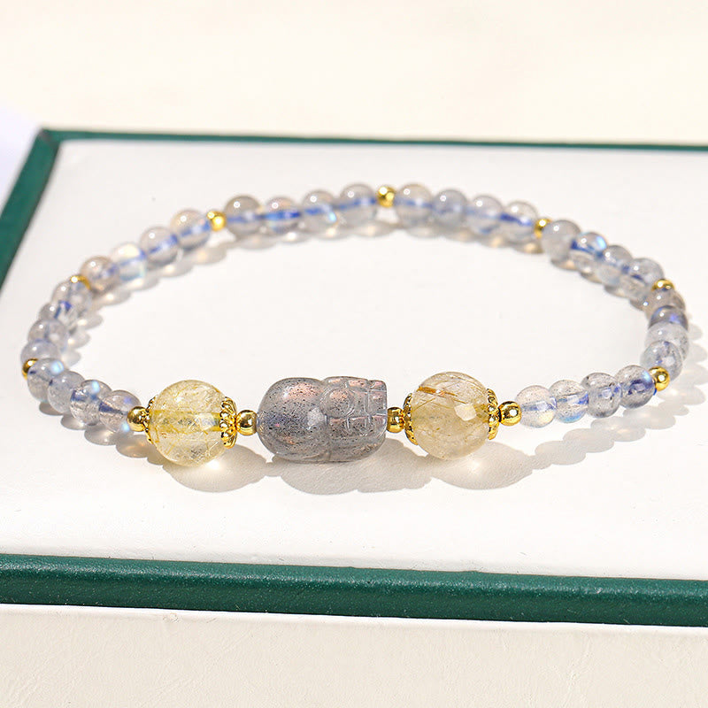 Buddha Stones Moonstone Strawberry Quartz Tourmaline PiXiu Healing Bracelet Bracelet BS 1