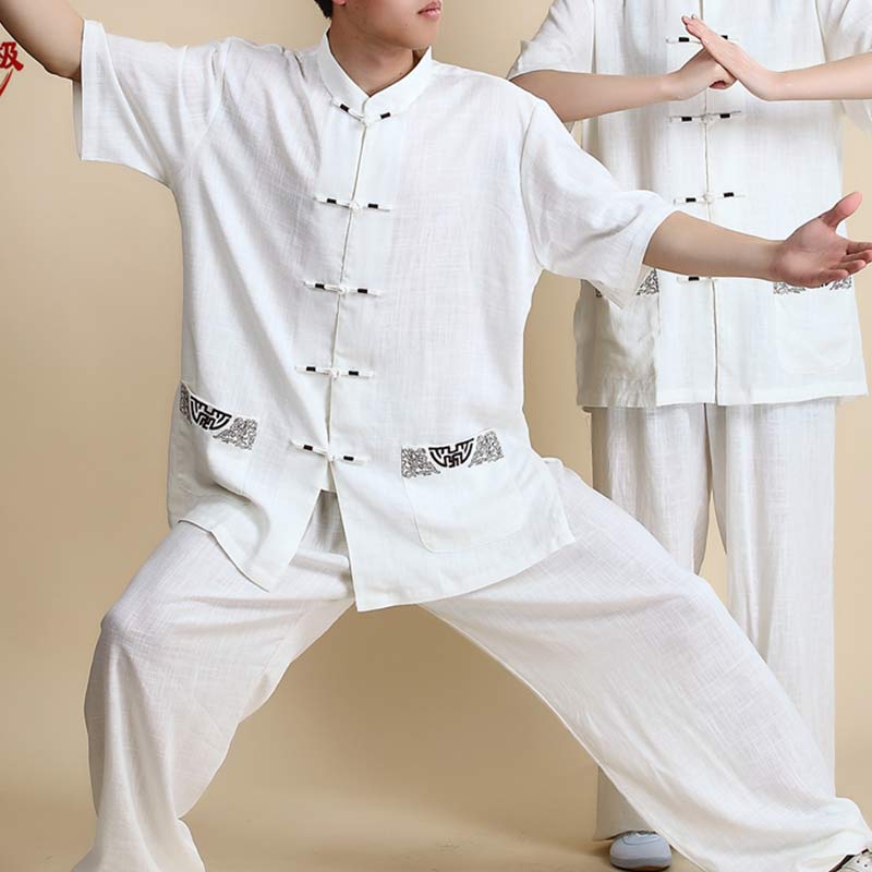 Buddha Stones Meditation Zen Prayer Spiritual Tai Chi Qigong Practice Unisex Embroidery Clothing Set - Short Sleeve White Embroidery - US14,UK/AU18,EU46 (3XL) - image 16