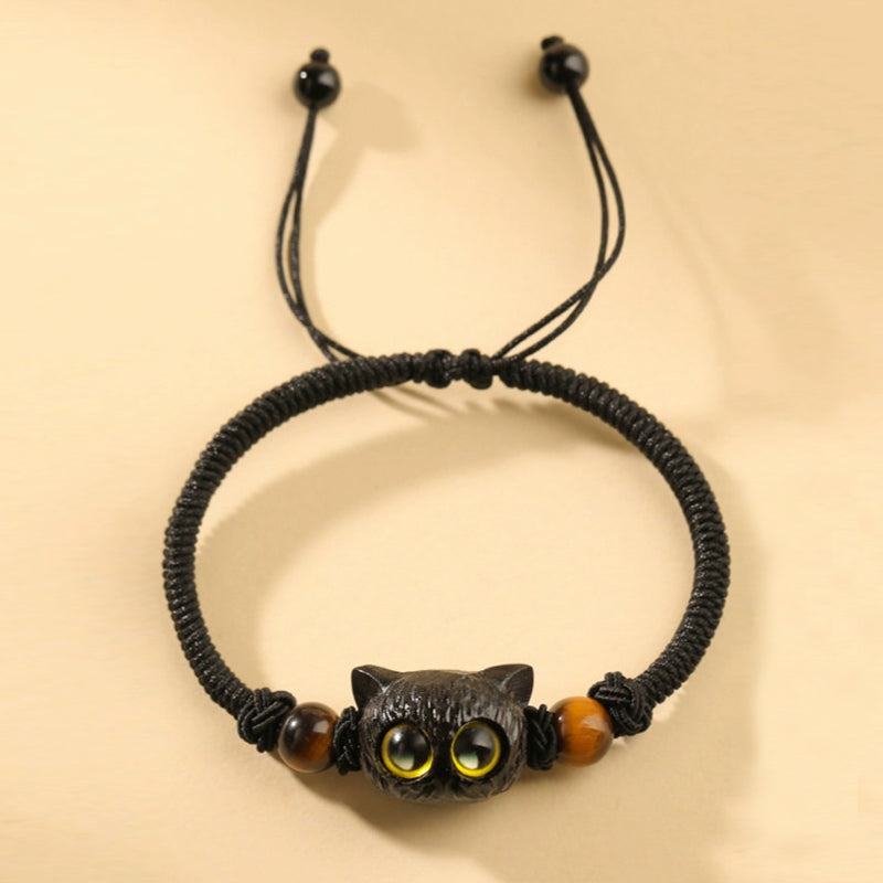 Buddha Stones Cute Ebony Wood Cat Head Pattern Peace Bracelet Bracelet BS 12