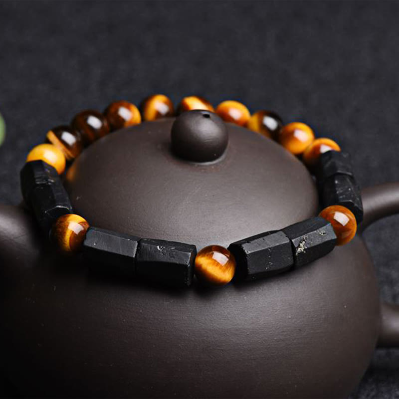 Foviel Natürliche schwarze Turmalin Tigerauge positives Armband