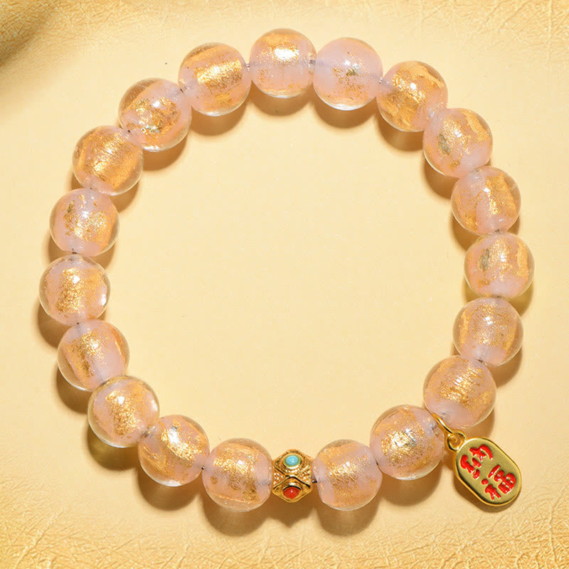 Buddha Stones Tibetan Incense Ash Liuli Glass Bead Lucky Fortune Fu Character Charm Bracelet Bracelet BS Gold Liuli Glass Bead(Wrist Circumference 14-15cm)