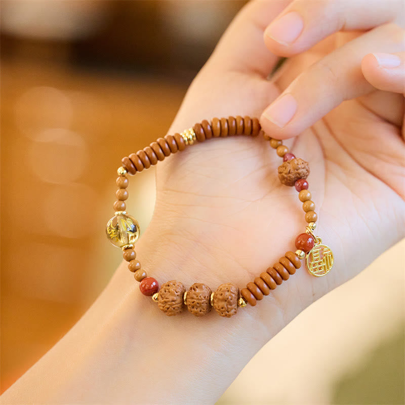 Buddha Stones Tibetan Bodhi Seed Black Onyx Smoky Quartz Om Mani Padme Hum Fu Character Wealth Bracelet Bracelet BS Bodhi Seed Olive Pit Smoky Quartz(Wrist Circumference 14-16cm)