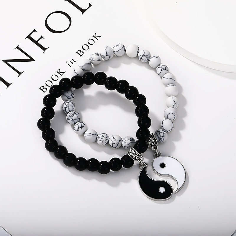 Buddha Stones 2Pcs Black Onyx White Turquoise Bead Yin Yang Protection Couple Bracelet Bracelet BS Silver Black Onyx& White Turquoise