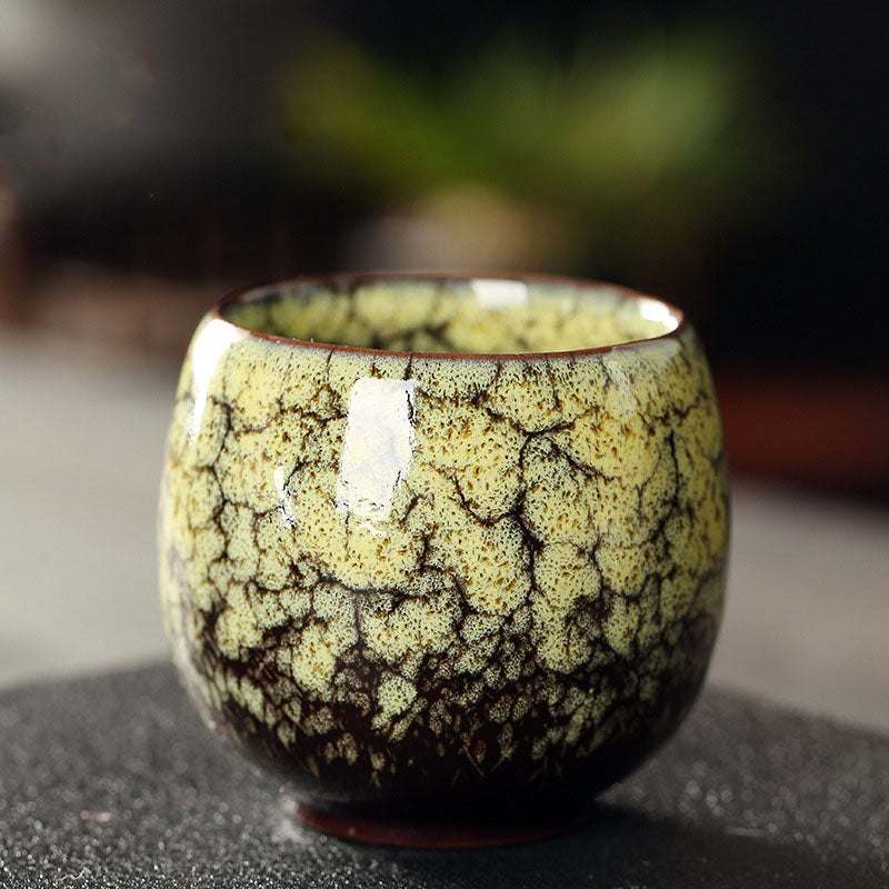 Buddha Stones Simple Multicolored Kiln Change Chinese Jianzhan Ceramic Teacup Kung Fu Tea Cup 110ml Jian Zhan Tea Cup BS Yellow 6.5cm*6cm*110ml