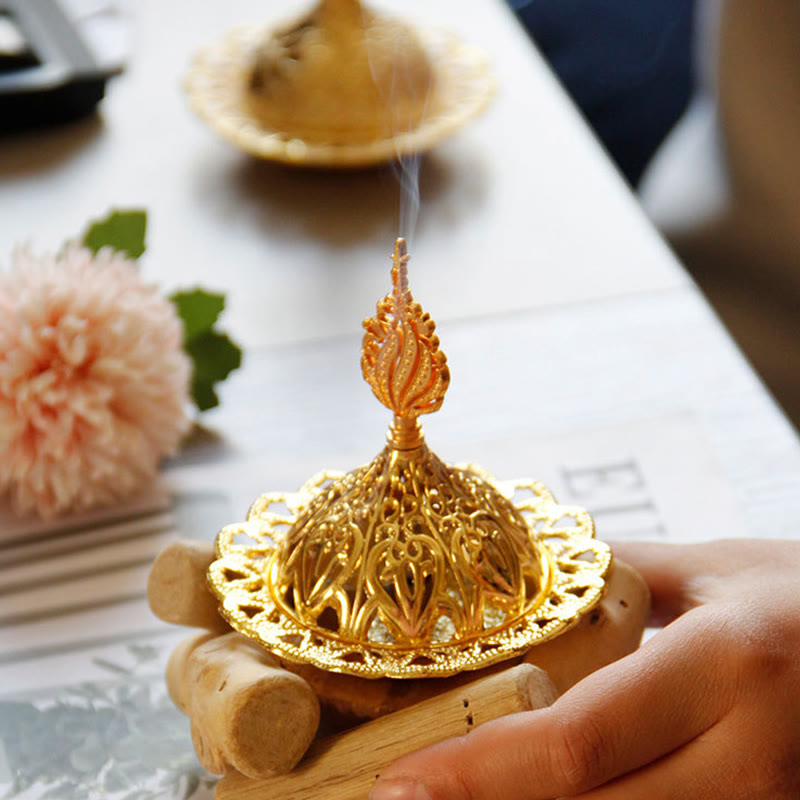 Buddha Stones Gold Alloy Healing Mini Incense Burner With Wooden Coaster Home Decor Incense Burner BS 11
