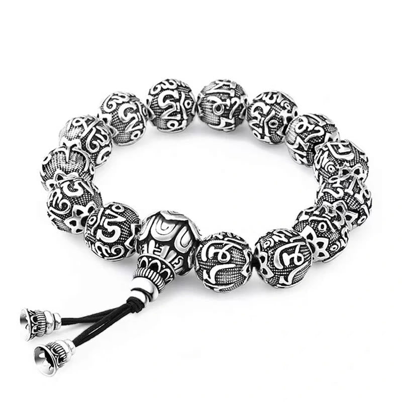 Buddha Stones Tibetan Om Mani Padme Hum Carved Alloy Beads Amulet Bracelet Bracelet BS 7