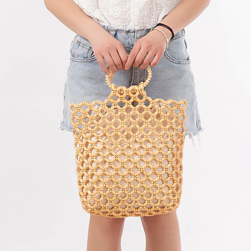 Buddha Stones Hand-woven Fishing Line Braiding Mesh Hollow Wooden Beads Handbag Handbags BS 7