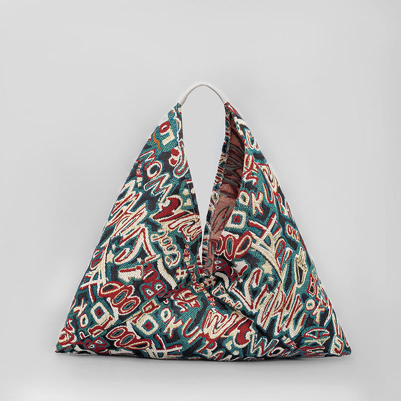 Buddha Stones Flowers Letters Butterfly Geometry Print Underarm Triangle Shoulder Bag Handbags BS Green English Letters 58*52cm