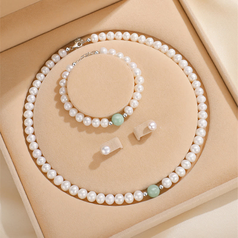 Buddha Stones 925 Sterling Silver Natural Pearl Jade Healing Necklace Bracelet Earrings With Gift Box Bracelet Necklaces & Pendants BS Pearl Set(Necklace Bracelet Earrings)