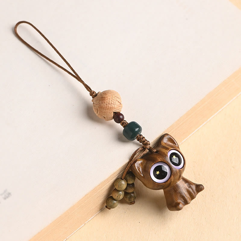 Buddha Stones Green Sandalwood Lucky Cat Koi Fish Cure Key Chain Phone Hanging Decoration Key Chain BS Green Sandalwood Cat Koi Fish Phone Hanging Decoration