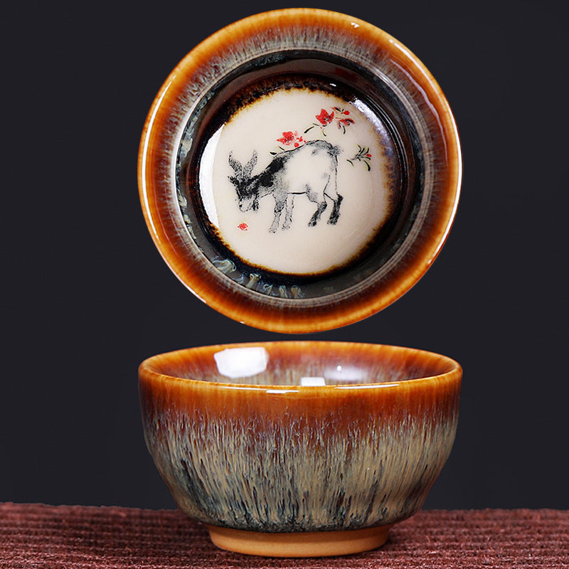 Buddha Stones 12 Chinese Zodiac Pattern Ceramic Teacup Kung Fu Jian Chinese Zhan Tea Cup 73ml Jian Zhan Tea Cup BS Goat 6.8cm*3.6cm*73ml