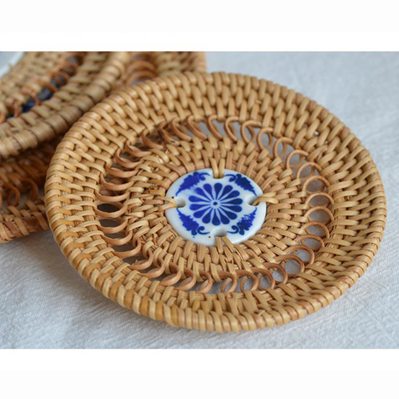 Buddha Stones Ceramic Flower Pattern Rattan Cup Mat Tea Cup Coaster Decorations BS 16