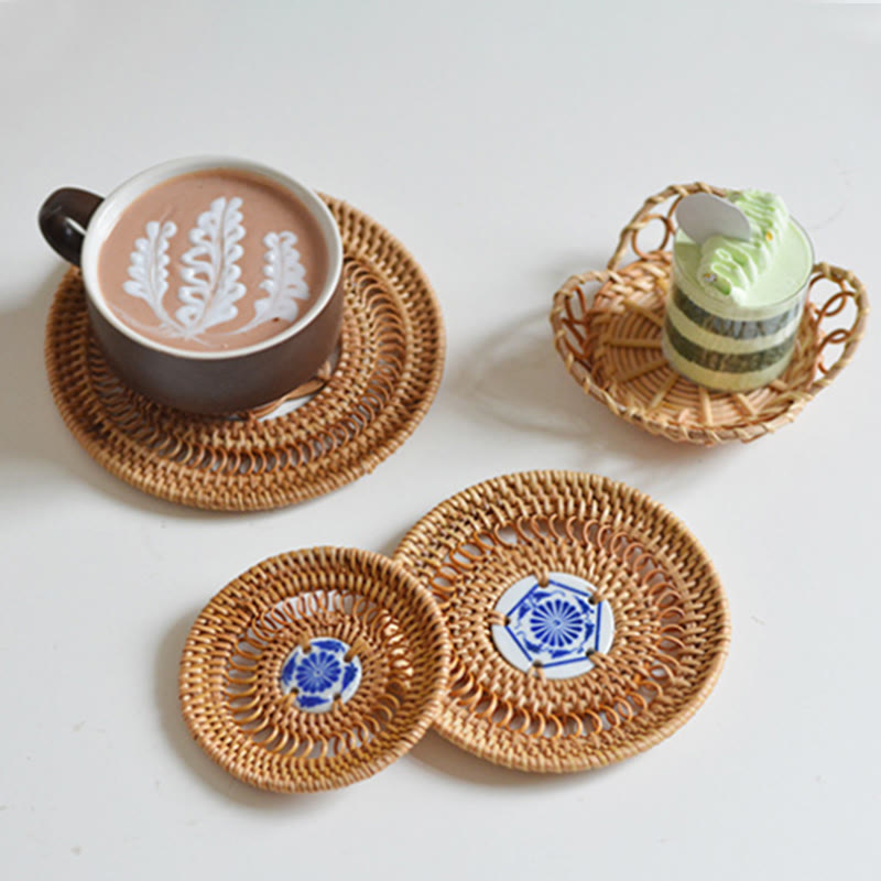 Buddha Stones Ceramic Flower Pattern Rattan Cup Mat Tea Cup Coaster Decorations BS 3