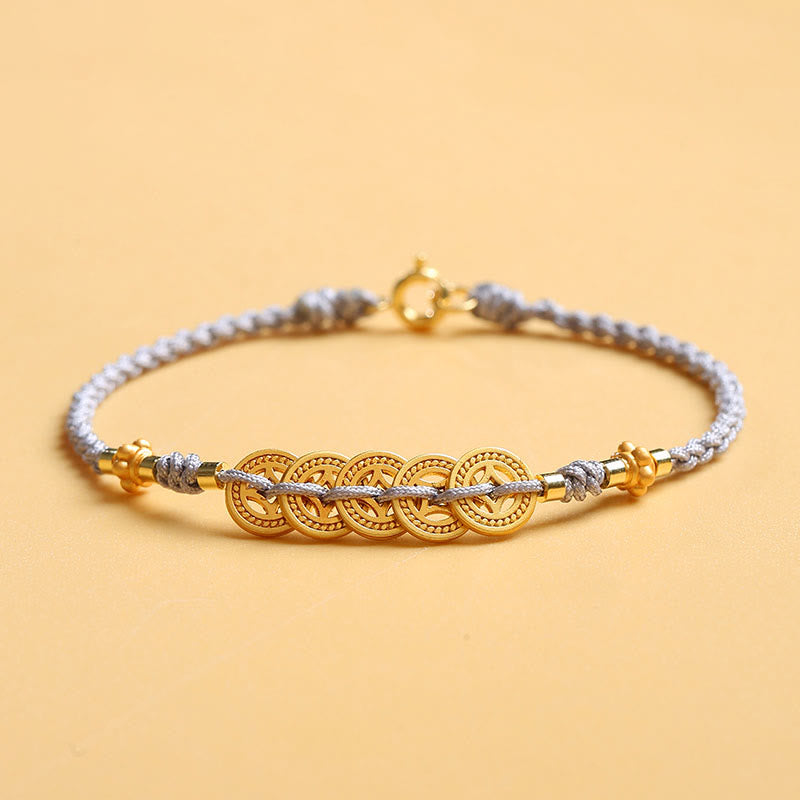 Buddha Stones Copper Coin Fortune Tree Pearl Luck Blue Rope Braided Bracelet Bracelet BS Copper Coin 16cm