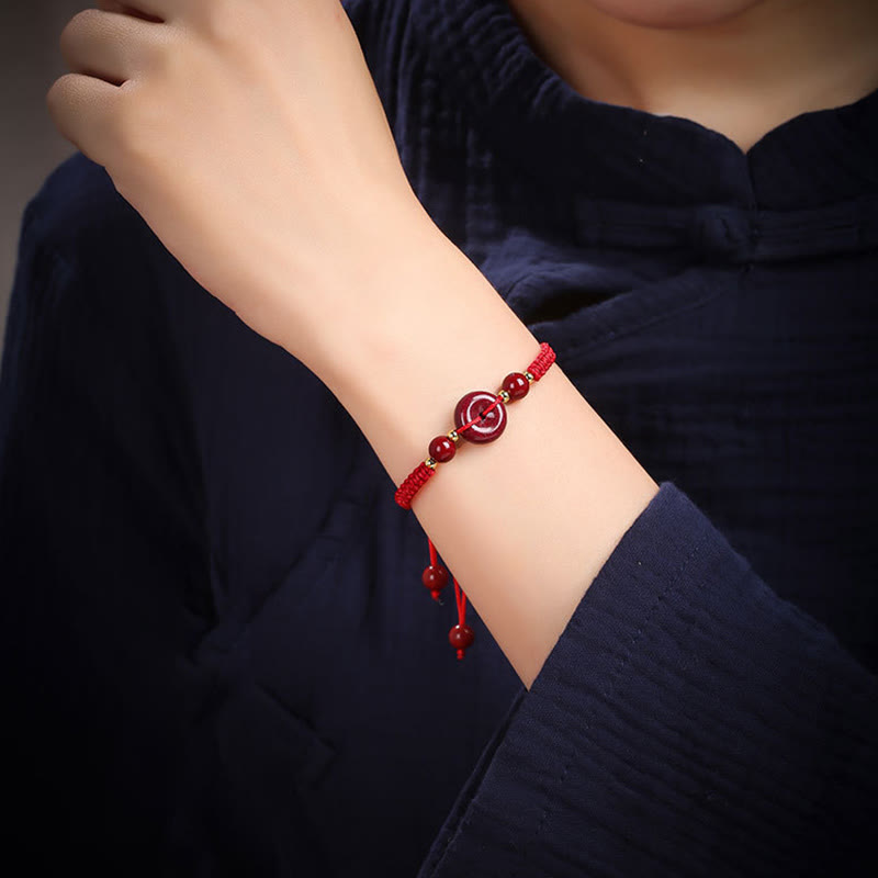 Buddha Stones Natural Cinnabar Peace Buckle Blessing String Bracelet Bracelet BS 5