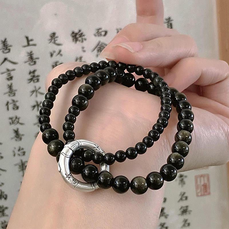 Buddha Stones 999 Sterling Silver Black Obsidian Fulfillment Strength Double Layer Bracelet Bracelet BS 1