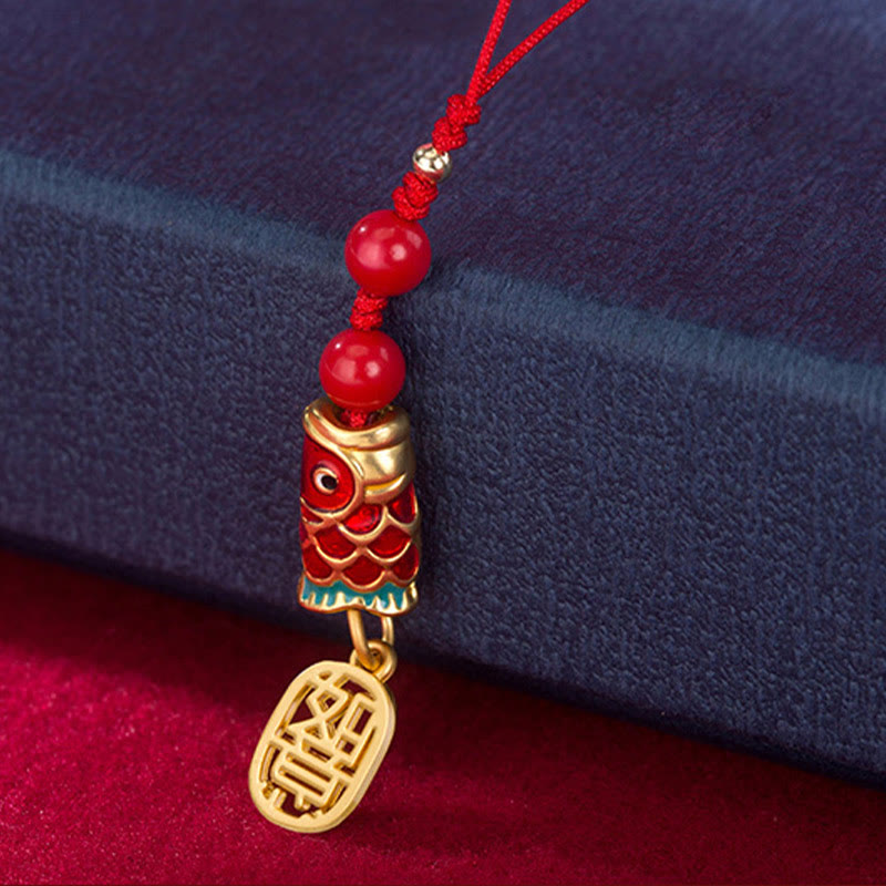 Buddha Stones Koi Fish Cinnabar Attracting Wealth Wish Ruyi Charm Luck Phone Hanging Decoration Phone Hanging Decoration BS 25