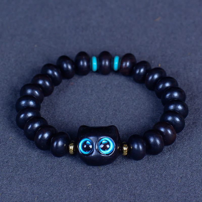 Buddha Stones Ebony Wood Liuli Glass Lovely Cat Peace Balance Bracelet Bracelet BS Ebony 7*10mm*21 Beads(Wrist Circumference 14-16cm)