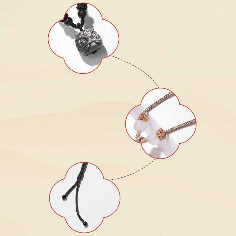 Buddha Stones Natural Silver Sheen Obsidian Red Agate Dancing Lion Protection Necklace Pendant Necklaces & Pendants BS 4