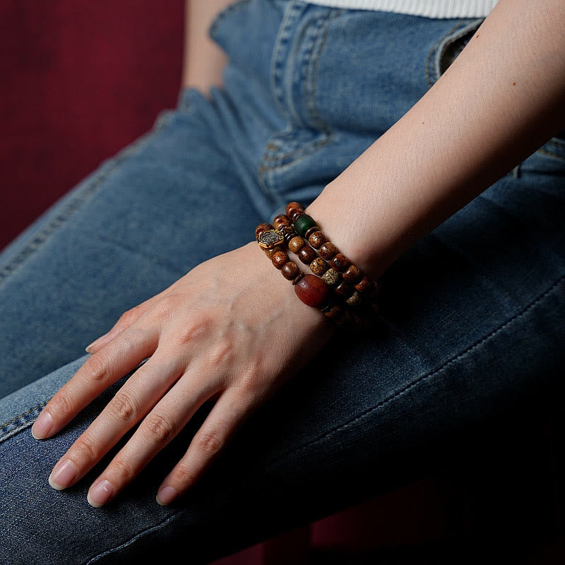 Buddha Stones Tibetan Bodhi Seed Amber Dzi Bead Agate Zakiram Goddess of Wealth Beads Triple Wrap Bracelet Bracelet BS 12