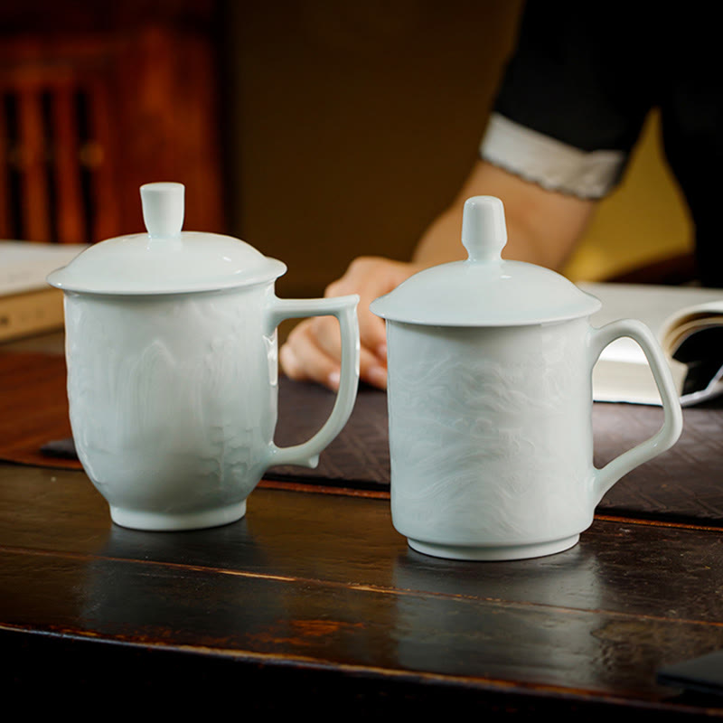 Buddha Stones Jingdezhen White Porcelain Handmade Great Wall Landscape Engraved Ceramic Teacup Office Mug Tea Cups Cup BS 1