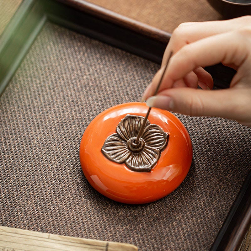 Buddha Stones Persimmon Ceramic Meditation Healing Incense Burner Incense Holders Incense Burner BS 5
