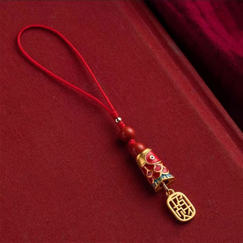 Buddha Stones Koi Fish Cinnabar Attracting Wealth Wish Ruyi Charm Luck Phone Hanging Decoration Phone Hanging Decoration BS Attracting Wealth Koi Fish Double Bead